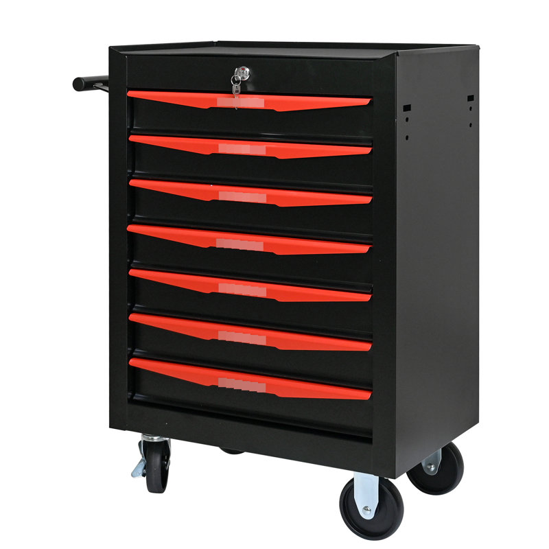 Armoire à outils à roulettes - 7 tiroirs, avec 7 glissières de rangement robustes, noires et rouges, portatives