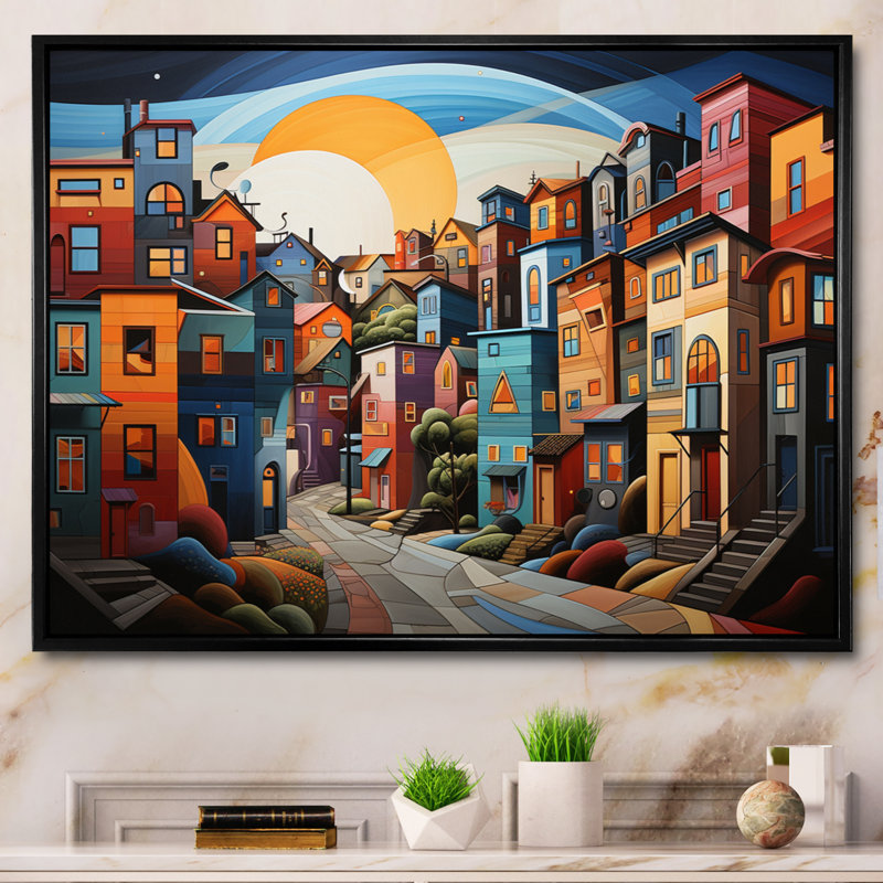 " Cityscape Pop City Landscape ", 16" H x 32" W x 1" D, Black Floater Framed