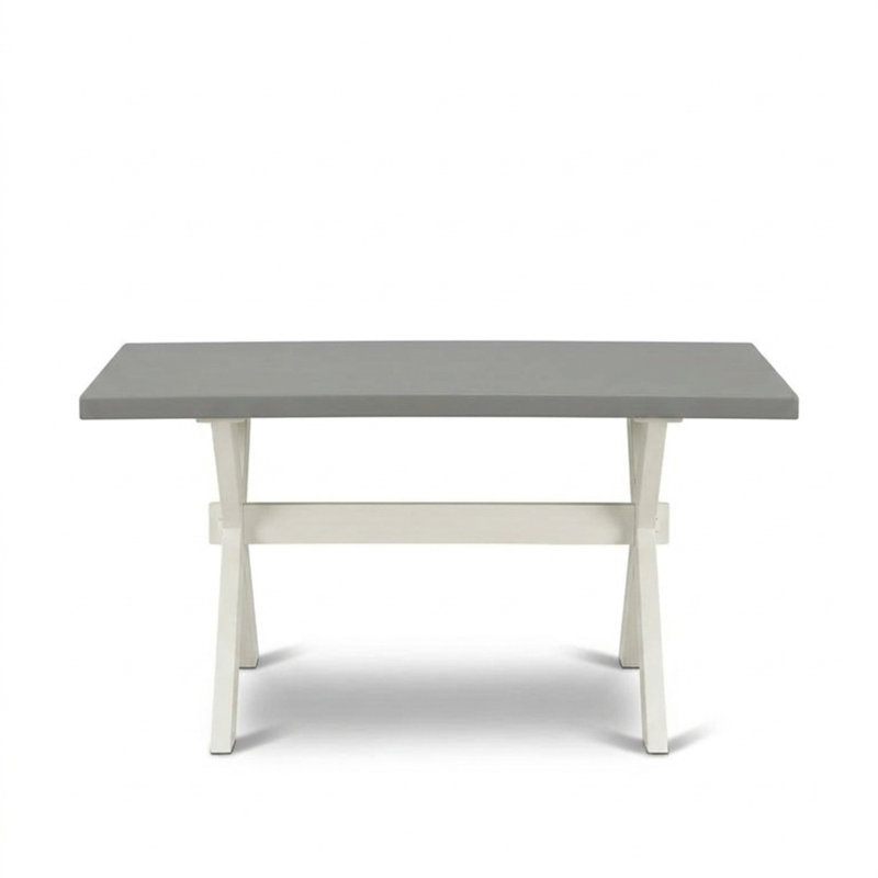 Wire Brushed Linen White Cream Asian Rubberwood Cement Rectangular 5 Piece Dining Set X Style Legs Fabric Chairs