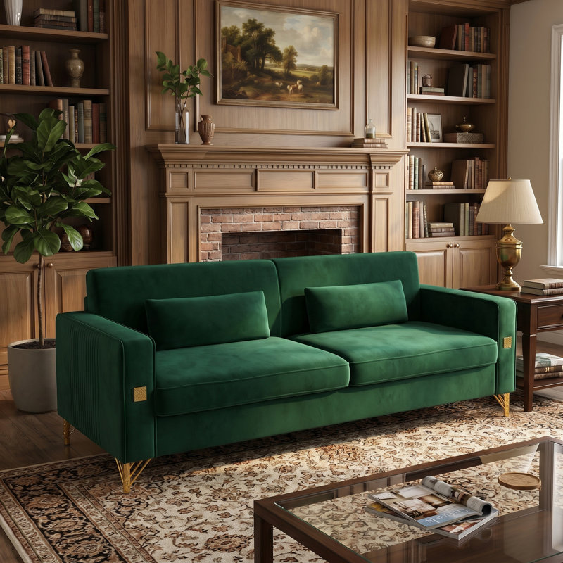Canapé droit 85,63 po, Retro Green Velvet