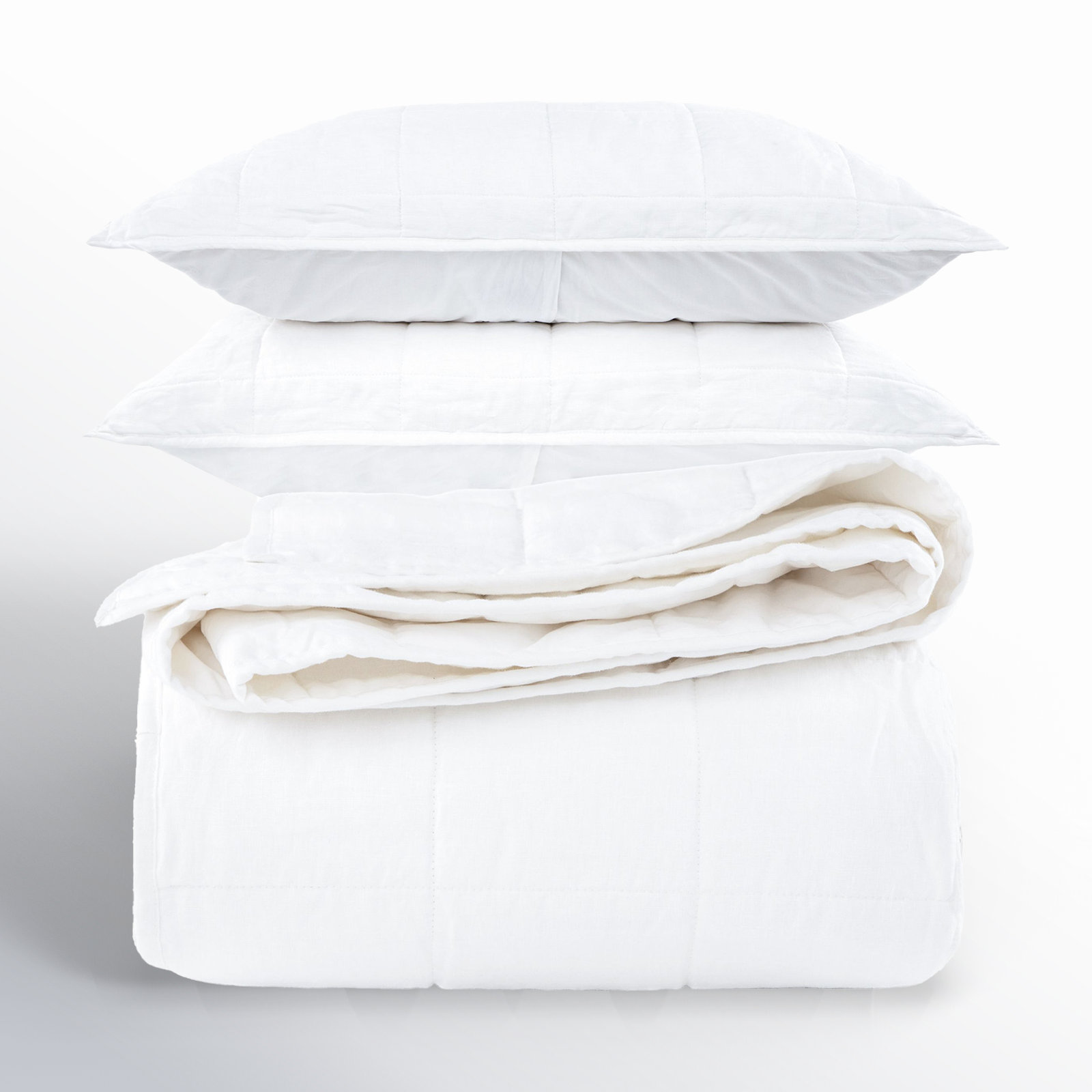 French Linen Quilt Set, Queen Quilt + 2 Standard Pillow Shams, White