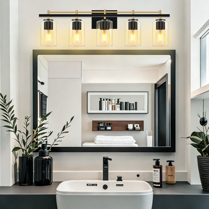 5 - Light Vanity Light With Clear Glass Shade For Bathroom, Bedroom, Hallway, Mirror, 5 Lights, Matte Black/Gold