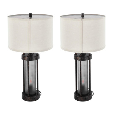 Set of 2 Farmhouse Table Lamps with Linen Drum Shade Tempered Glass Body Dimmable Main Light and Separate Night Light USB A USB C and AC Power Outlet for Bedroom Living Room Office Nightstand Lighting
