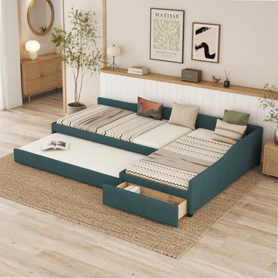 Upholstered Double Daybed with Trundle and Drawer