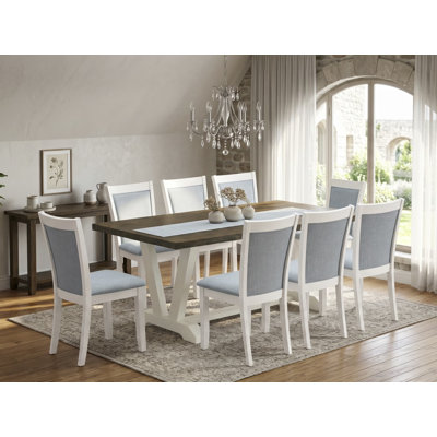 Ensemble de table et chaises de cuisine 9 pièces comprenant une table de salle à manger rectangulaire avec pattes en V et 8 chaises Parsons en tissu lin bleu clair, 101,6 x 182,9 cm (40 x 72 pouces).