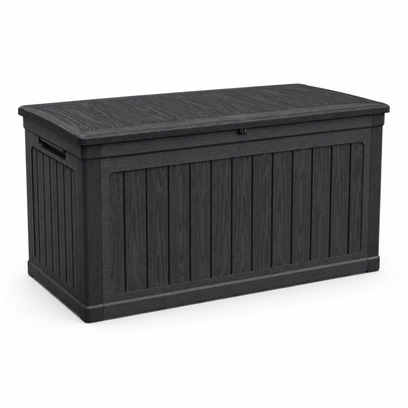 Boîte de terrasse extérieure en résine noire 230 gallons verrouillable et imperméable pour les outils de jardin et la piscine