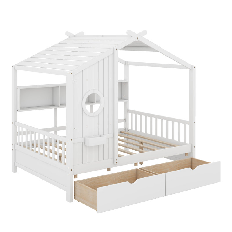 Lit en bois avec tiroirs, Blanc, Lit double