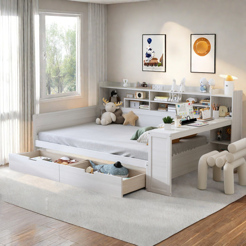 Multifunctional Wooden Daybed With Storage Shelves, Study Desk And 2 Drawers, Full/Double, Antique White