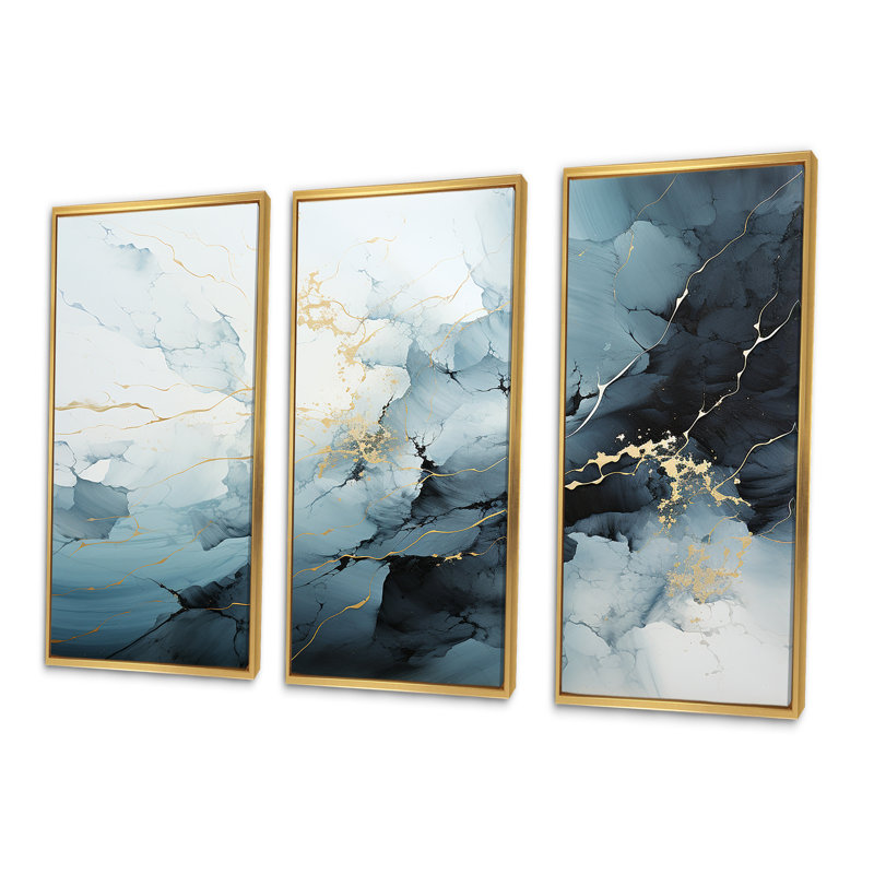 Ensemble de salon bleu et blanc Snow Blooming III - Formes abstraites, Cadre flottant doré, H 32 po x l 48 po x P 1 po