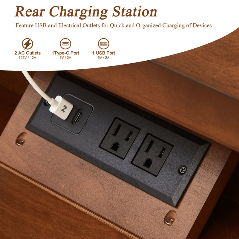 3 Drawer Wood Nightstand with Geometric Drawer Design and Built-In Charging Station, Walnut Brown