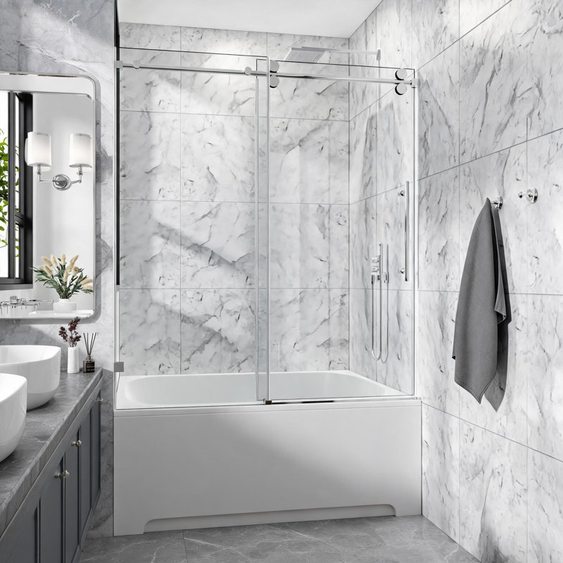 Porte de douche fixe et coulissante en acier inoxydable chromé de 152 cm x 168 cm avec verre trempé transparent et quincaillerie tubulaire ronde