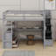 Lit mezzanine avec bureau et tablettes, deux tiroirs intégrés, escalier de rangement