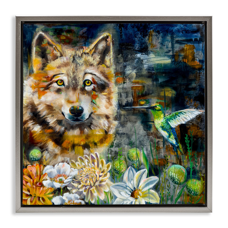 «Beautiful Wolf & Hummingbird Floater», art mural par Linda McClure, H 18 po x l 18 po, Cadre flottant gris lustré