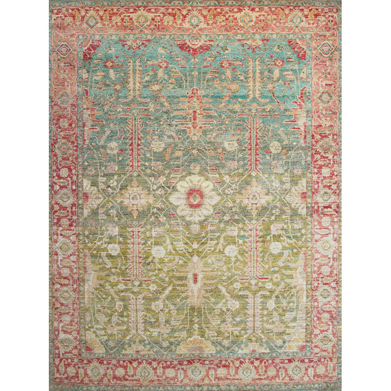 Tapis décoratif à motif floral rétro vert et bleu Barcelona Collection, Tapis de couloir 3 pi 9,81 po x 9 pi 10,11 po