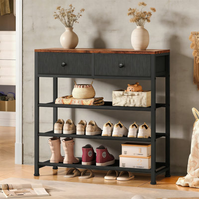 4 Tier Shoe Rack For 9-12 Pairs, With 2 Drawers, 3 Fabric Shelves And Wood Top, Organizer For Closet Entryway, Rustic Brown