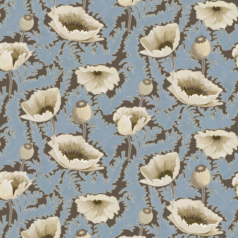 Poppy Bloom - Floral Wallpaper, Vinyl, Brownstone Blue, Self-Adhesive