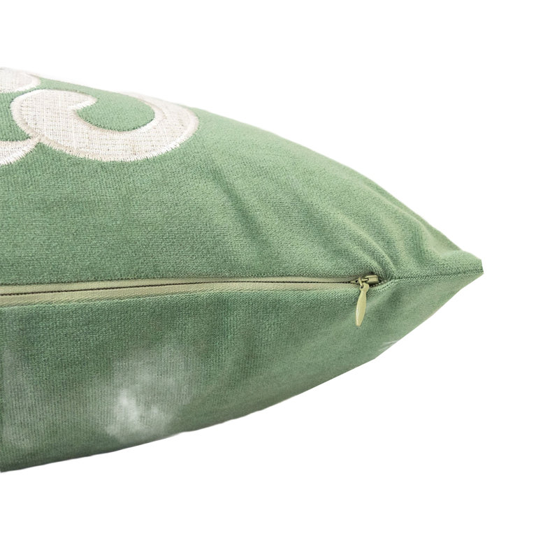 Coussin décoratif Dery, velours vert vintage avec accent de vigne, carré de 20 pouces, Vert/blanc