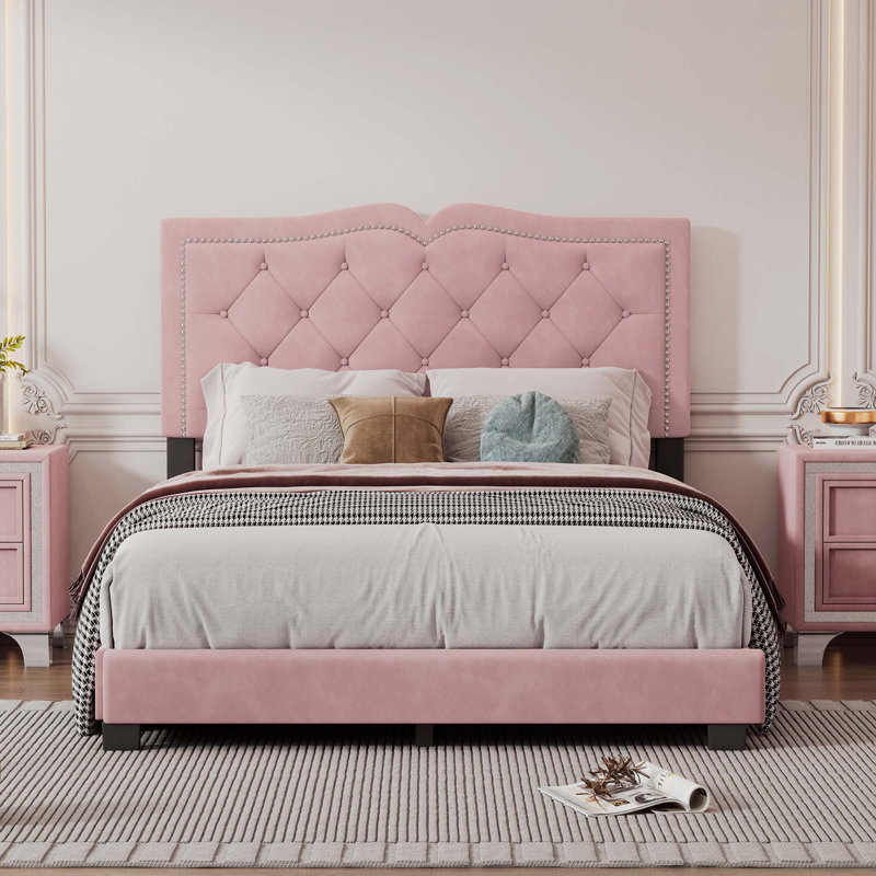 Lit rembourré en velours avec tête de lit capitonnée et structure en bois, Rose, Double