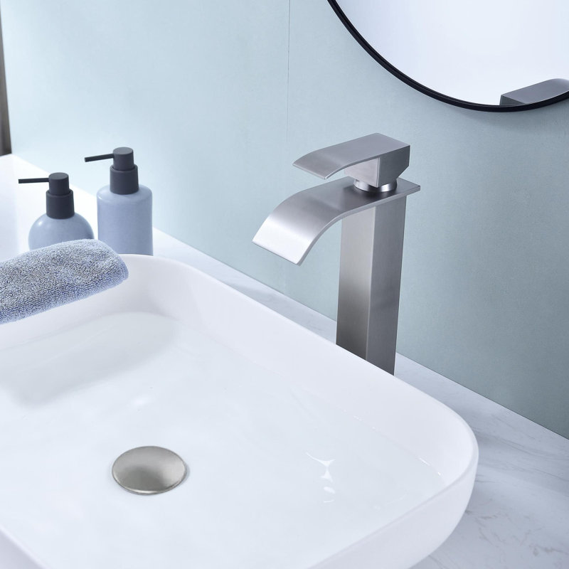 Waterfall Spout Bathroom Sink Single Handle Faucet with Pop-Up Drain (No Overflow), Brushed Nickel