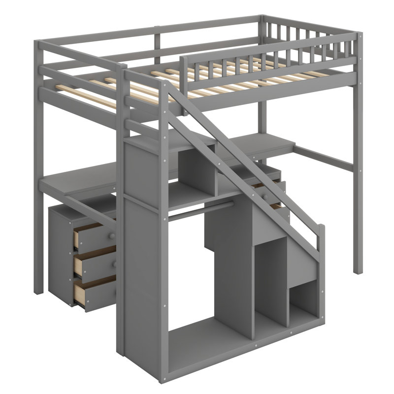 Lit mezzanine avec deux commodes, bureau et bande lumineuse, Gris, Simple