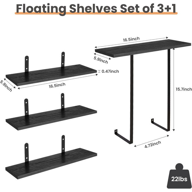 Tablettes flottantes 3 + 1 niveaux, Noir