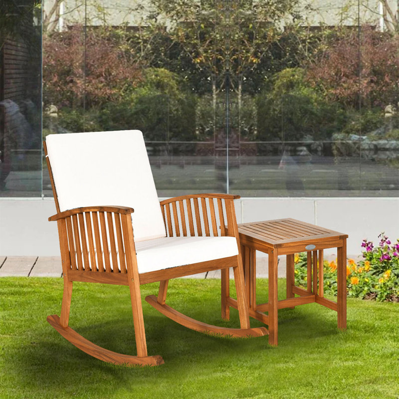 Outdoor Rocking Solid Wood Chair and Table Set with Cushions