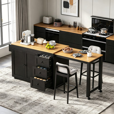 Îlot de cuisine polyvalent avec table de salle à manger extensible, rangement spacieux et station de charge intégrée sur roulettes pour les cuisines modernes