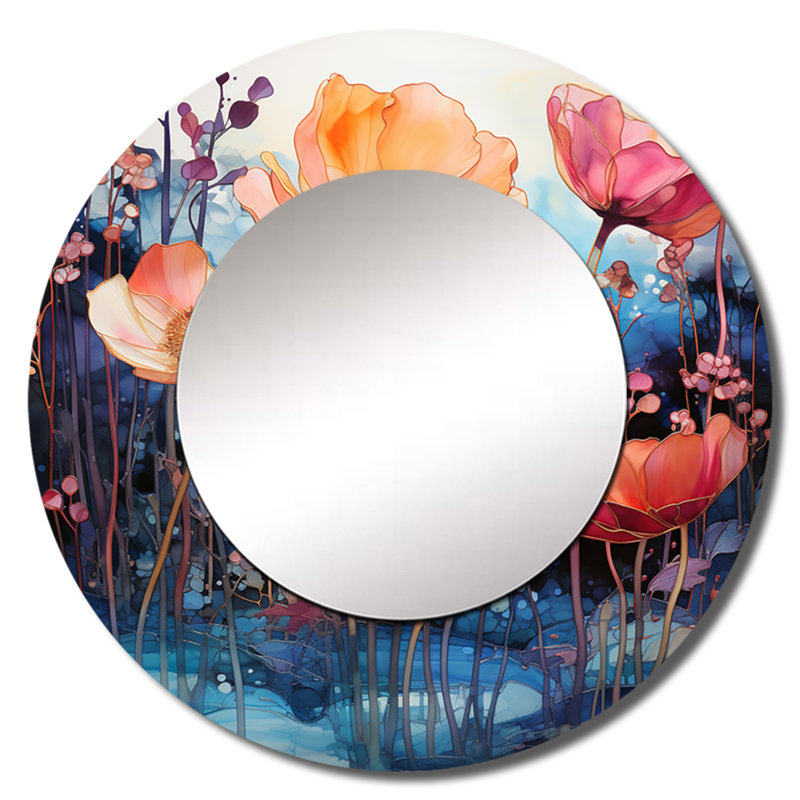 Floral Alcohol Ink Landscape I - Landscapes Decorative Mirror, Modern Large Round Wall Mirror, Printed Metal Art, 29" x 29"