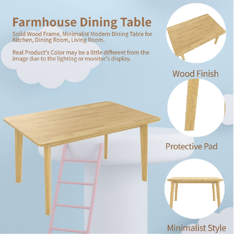 Rectangular Dining Table With Solid Wood Frame, For Dining Room, Living Room, Natural