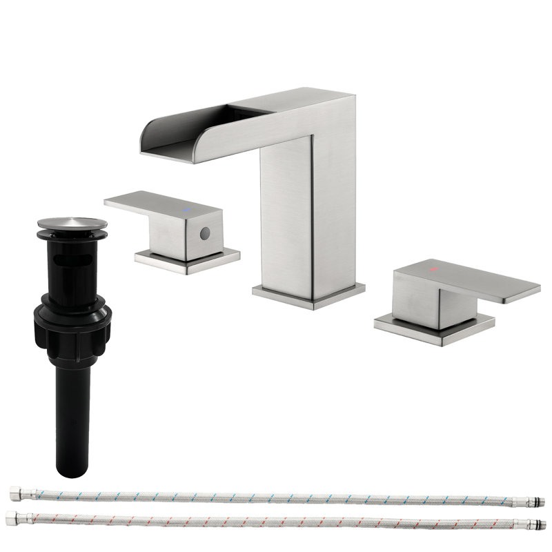 Waterfall 8 In. Widespread Double-Handle Bathroom Faucet Set 3-Holes Vanity Sink With Metal Drain, Brushed Nickel