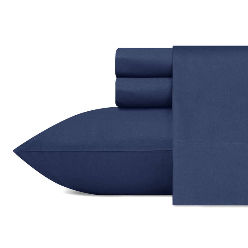 Ensemble de draps en percale de coton 200 fils Bradford, Ensemble de draps pour très grand lit avec 2 taie, Bleu marine uni