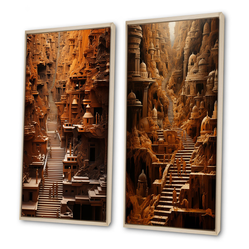 Hindouisme Yatras Sandalwood Steps - Ensemble de 2 décorations murales de l'hindouisme, Encadrement brun, H 40 po x l 41 po