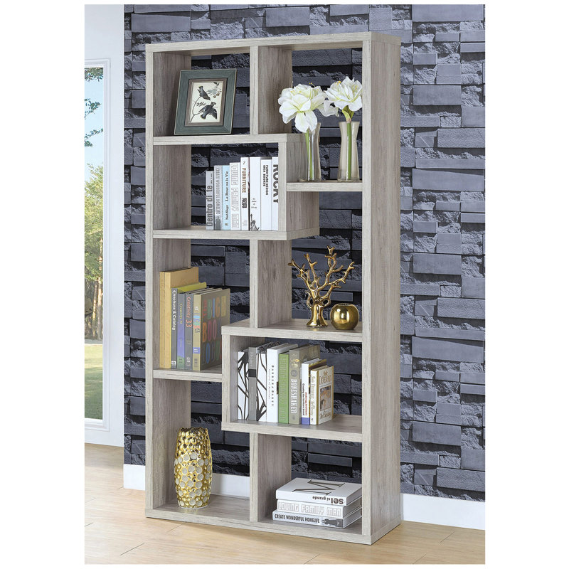 10-Shelf Geometric Bookcase In Grey Driftwood Finish, Light Gray, (10 Shelves) 70.75"H x 35"W x 11.75"D
