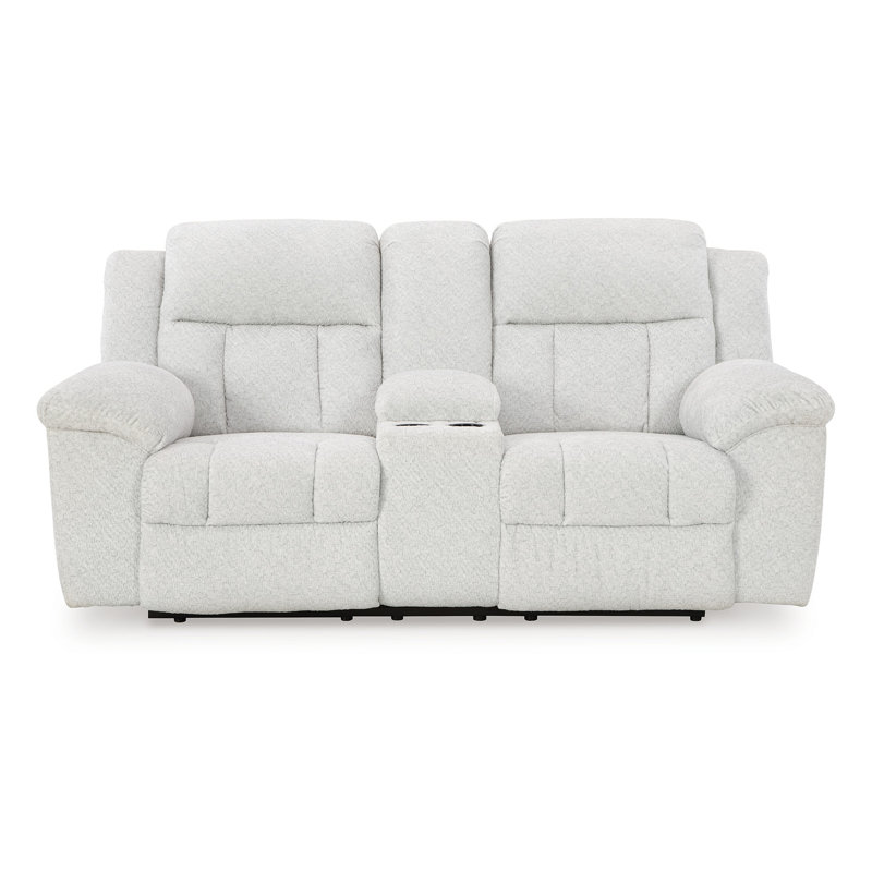 Snow White Fabric Reclining Loveseat with Console and Ottoman