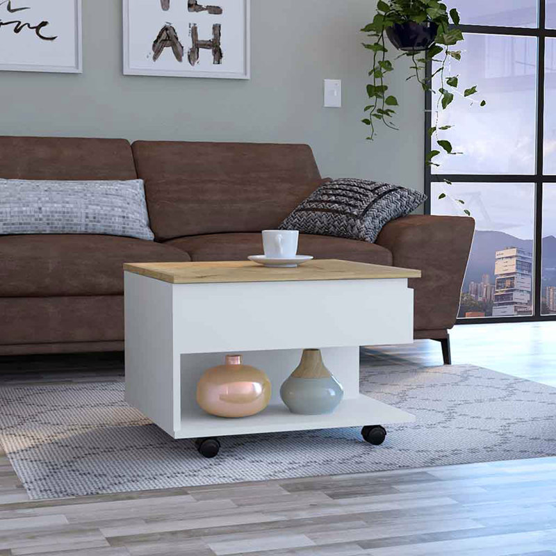Lift Top Coffee Table, Casters, One Shelf, White, Beige