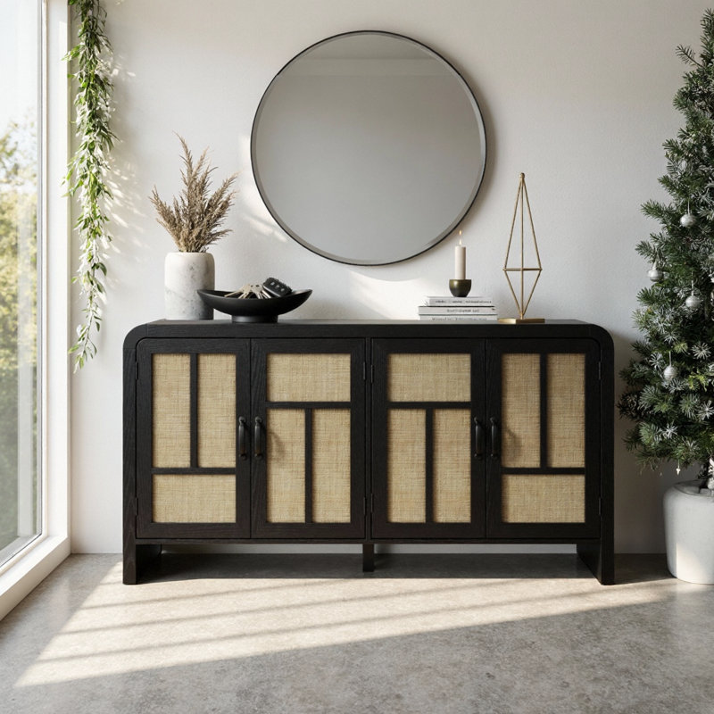 Buffet en rotin noir avec portes tissées à la main, armoire à 4 portes avec tablettes réglables