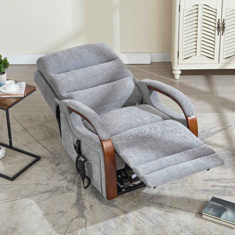 Aura Dual Motor Power Lift Chenille 180° Recliner With Wooden Armrests, Heated Massage, Side Pockets, Gray