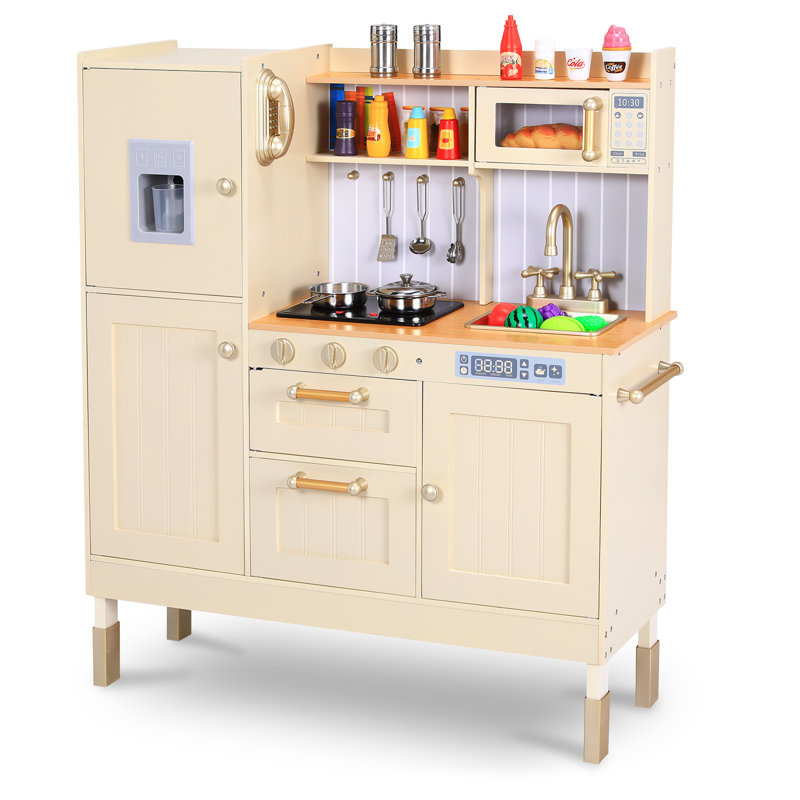 Height Adjustable Kids Play Kitchen, 3-Level Wooden Pretend Playset with Realistic Sounds, Telephone, Stove, Fridge, Microwave, Removable Sink, Water Dispenser, Grows with Your Child Ages 3+(cream)