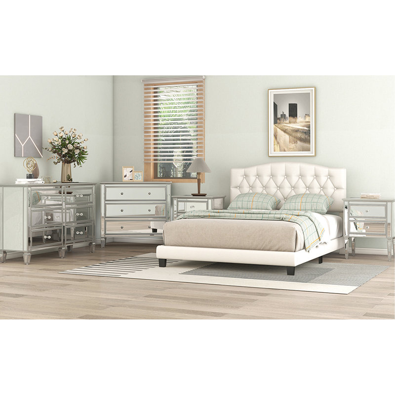 Lit plateforme tapissier avec tête de lit courbée et détails capitonnés Diamond, beige