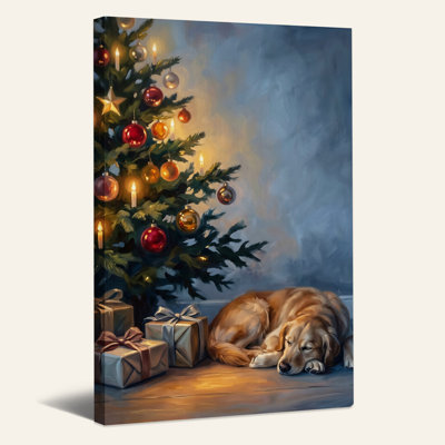 Golden Retriever dormant sous un arbre avec des cadeaux, art mural sur toile de Noël