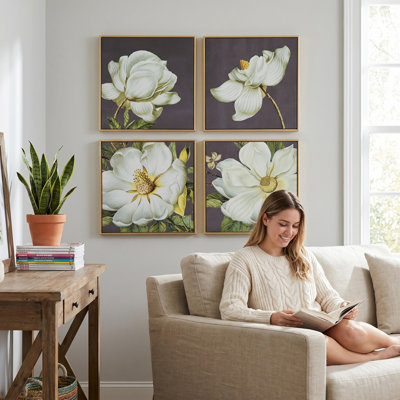 Set of 4 White and Gold Botanical Wall Art Prints, Framed Floral Wall Art, Home Decor for Living Room, Dining Room, Bedroom, Hallway, 20” x 20”