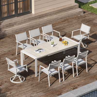 Ensemble de salle à manger extensible 9 pièces pour patio avec 2 chaises pivotantes, table et chaises de jardin en aluminium antirouille, grande table extensible avec plateau imitation bois et chaises empilables pour balcon