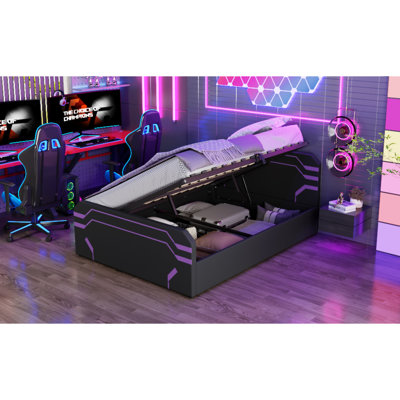 Grand lit de jeu rembourré avec système de rangement hydraulique à levage latéral, lit plateforme de style Cyberpunk avec motif futuriste pour les joueurs et la génération Z, noir et mauve