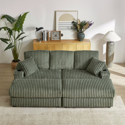 Canapé de 84 pouces en velours côtelé 3 places avec 3 coussins de dossier, 2 coussins décoratifs, 2 repose-pieds, 2 espaces de rangement et cannelures de maintien des tasses Canapé confortable pour le salon