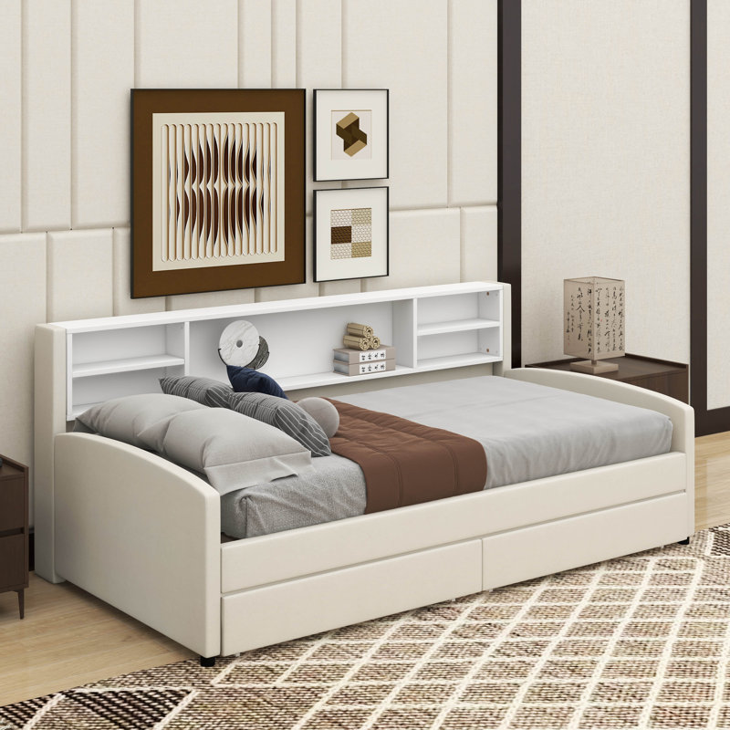 Lit plateforme simple tapissier avec tiroirs, Beige