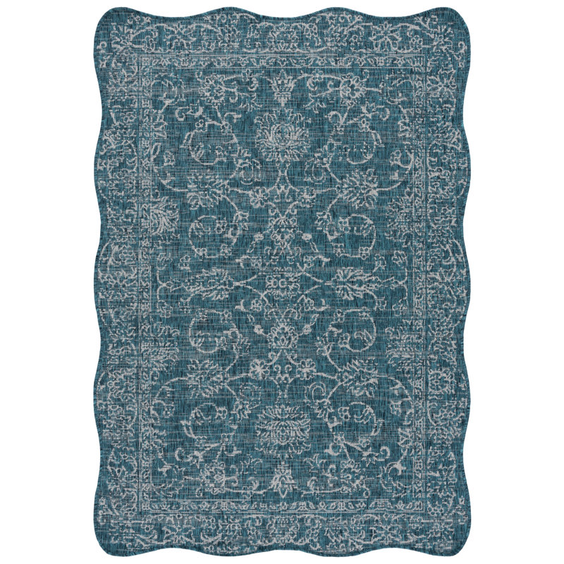 Tapis oriental d'intérieur / extérieur Biston Performance, Navy/Ivory, Scalloped Rectangle 5'3" x 7'7"