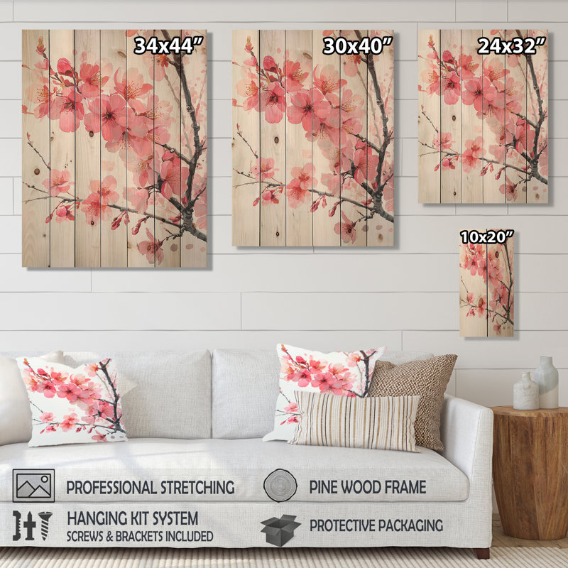 «Pink Cherry Blossoms Summer Embrace I», impression sur bois de cerisier en fleurs sur bois de pin naturel