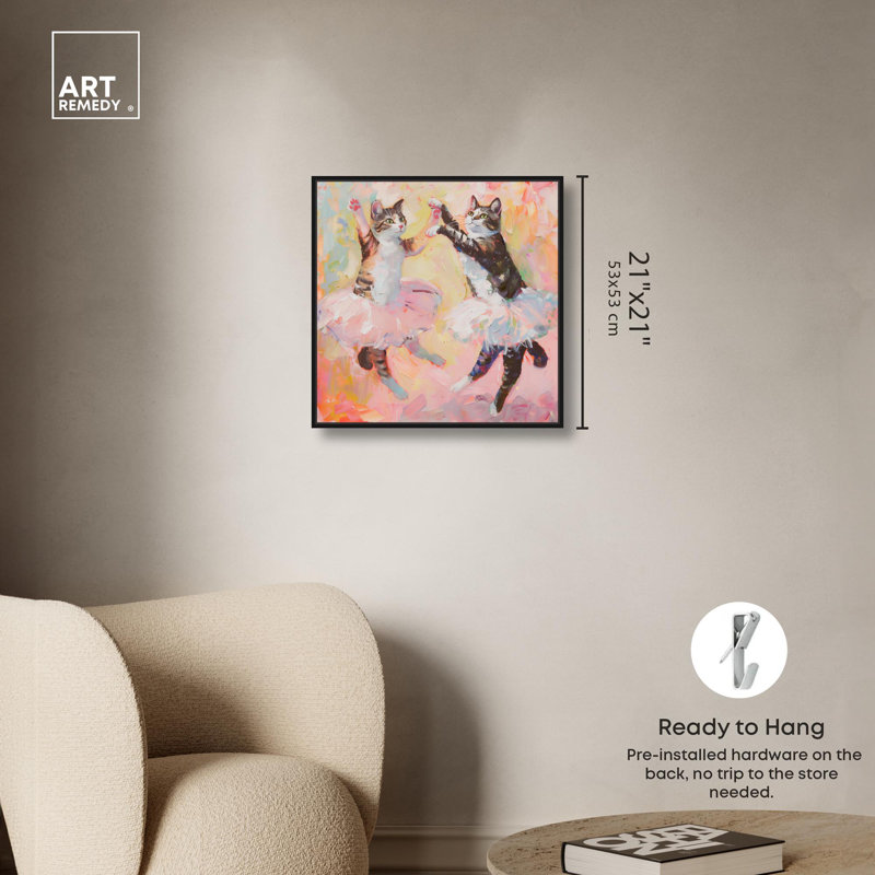 «Spring Cat Ballet Canvas» par Art Remedy, Cadre noir, H 21 po x l 21 po x P 1,8 po