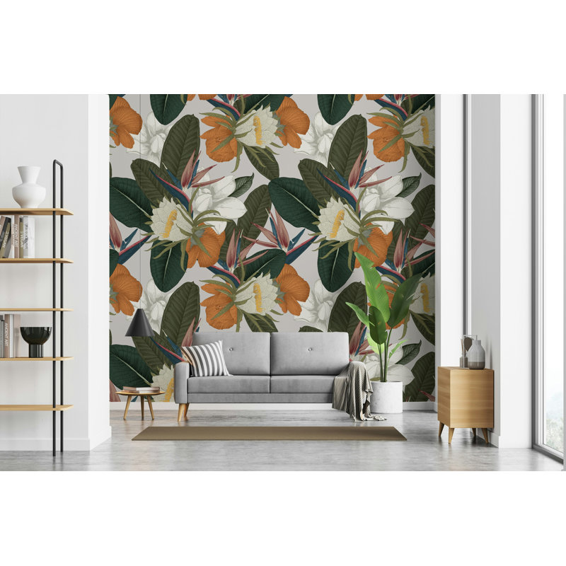 Papier peint floral vert oiseau tropical du paradis, L 100 po x l 150 po