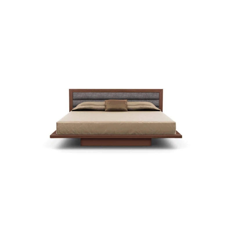 Lit Moduluxe avec tête de lit tapissier 29 po, Grand lit, Tissu argenté, Noyer naturel